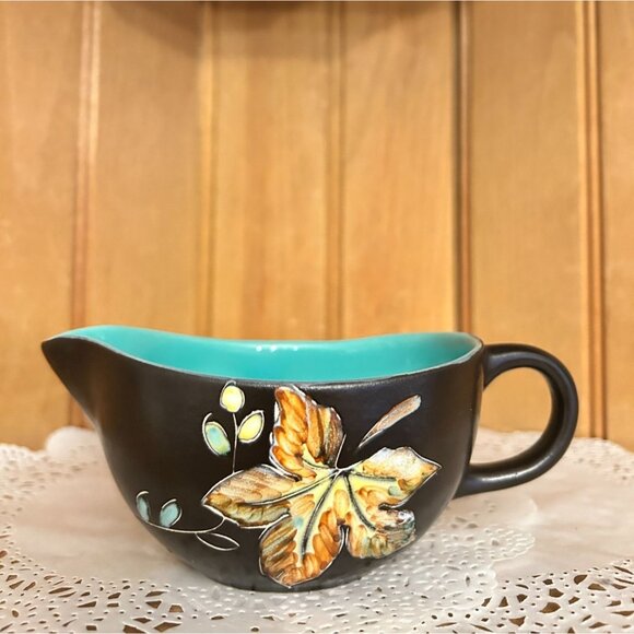 Vintage Canadian Pottery Creamer & Sugar Bowl Set By Herta Decorated Leaf Design - Picture 2 of 9